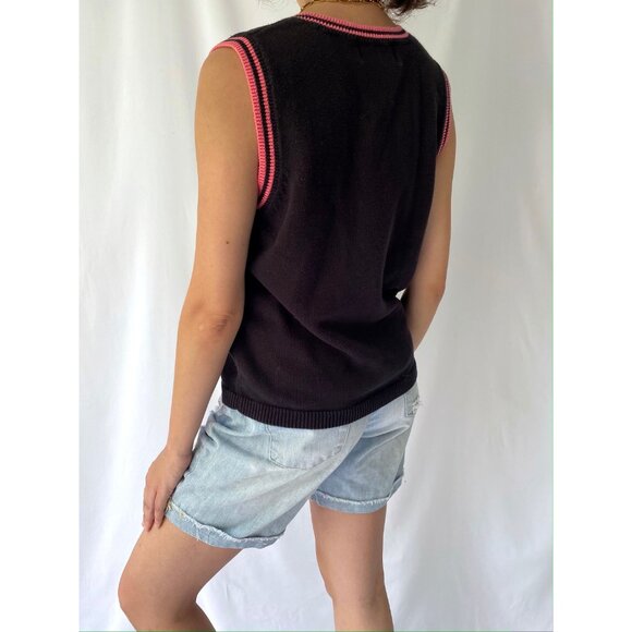 90s vintage black tropical palm tree embroidered knit sweater vest cotton top - Picture 6 of 8